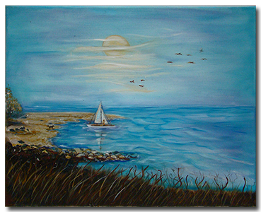 Seascape home decor painting of a Lone sailor in a small sail boat going to shore to rescue lost dog