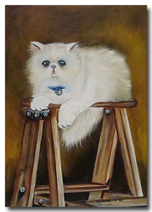 Home Decor Pet Portrait of White Himalayan Persian Cat lying on the top of a ladder.
