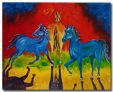 Impressionist home decor Painting of horses representing three spirits of equine personalities