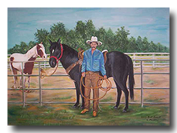 Portrait painting of a cowboy and his horses in arena colors black blue white red-brown 