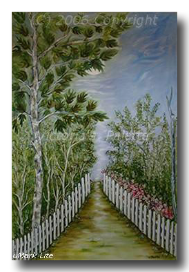 A wide green path border trees and flowers hedged by white picket fences narrow as it is drawn to the light at the end
