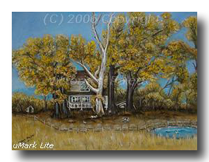 Landscape painting of old house among trees in the country with animals in the yard colors gold blue brown white