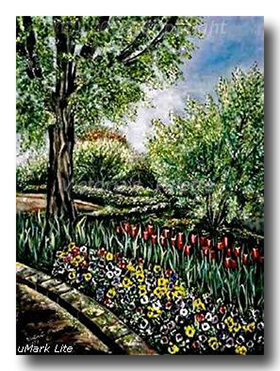 Curbside view painting of pansies tulips a tree and shrubs color greens red yellow brown blue 
