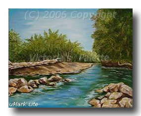 Home Decor River landscape painting of water moving around rock cutting a path through embankment and trees colors blue green yellow