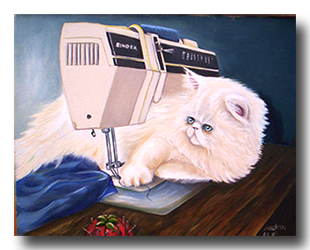 Pet Portrait of White Himalayan Persian Cat Playing with Singer Sewing Machine