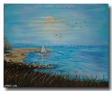 Seascape home décor painting of a lone sailor in a small sail boat going to shore to rescue lost dog colors turquoise yellow brown.