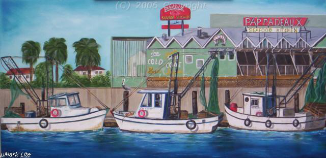 Seascape of three shrimp boats docked at Kemah harbor on back side of Pappadeaux colors are blue white green red
