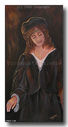 Portrait painting of a renaissance maiden praying shadowed by the light colors black brown beige white ox red