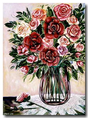 Sill life painting of glass vase full of roses placed on lace rose colors rose purple green beige white yellow